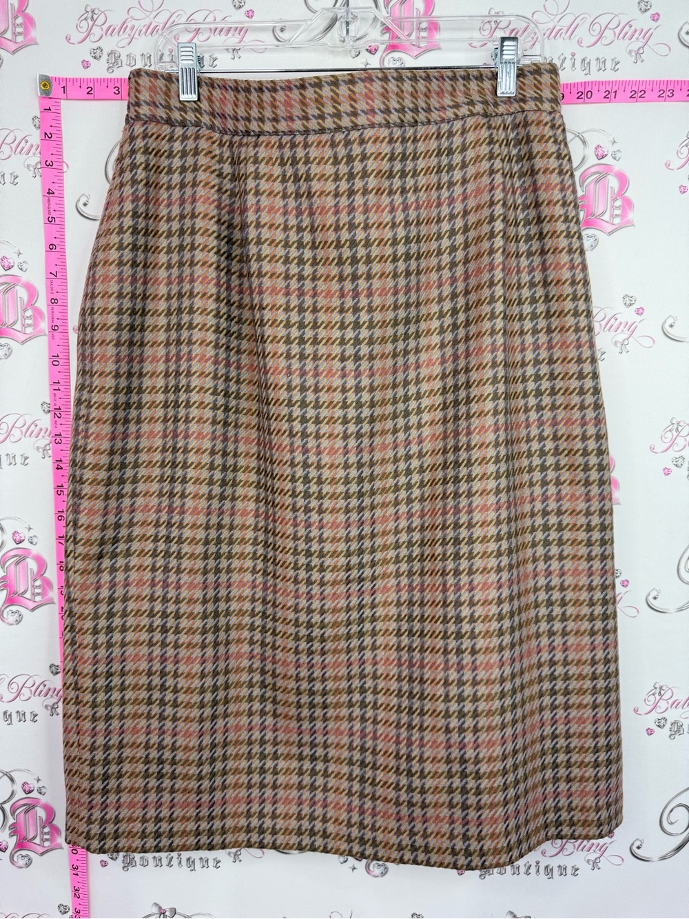 Conrad C collection skirt wool houndstooth vintage Midi Pencil Brown Plaid